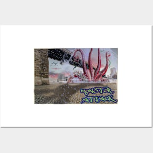 Monster Attack an octopus attacks a bridge Posters and Art